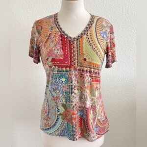 JOHNNY WAS Catalina Block T-Shirt Colorful Floral Short Sleeve Tee Boho Size XS